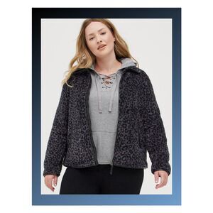 Torrid Faux Shearling Charcoal Leopard Print Grey Zip Front Jacket Size 1X 14-16